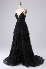 A Line Tulle Spaghetti Straps Sweetheart Prom Dress Floor Length With Slit