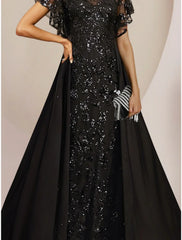 A-Line Mother of the Bride Dress Wedding Guest Elegant Scoop Neck Floor Length Chiffon Lace Sequined Short Sleeve with Sequin Ruching Sparkly