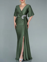 Mermaid / Trumpet Mother of the Bride Dress Wedding Guest Party Elegant V Neck Sweep / Brush Train Stretch Satin Imitated Silk Half Sleeve