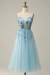 A Line Midi Sweetheart Sequins Sky Blue Prom Dress Off Shoulder Beautiful