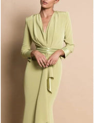Sheath / Column Mother of the Bride Dress Formal Wedding Guest Elegant Party V Neck Sweep / Brush Train Stretch Chiffon Long Sleeve with Draping