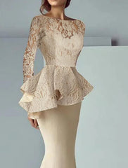 Mermaid / Trumpet Mother of the Bride Dress Formal Wedding Guest Elegant Scoop Neck Floor Length Lace Stretch Fabric Long Sleeve with Ruffles Solid Color