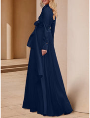 A-Line Mother of the Bride Dress Wedding Guest Elegant V Neck Floor Length Stretch Chiffon Long Sleeve with Bow(s) Ruching