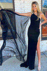 Black Prom Dress Sheath/Column Beaded One Shoulder Evening Dress Party Dress Wholesale