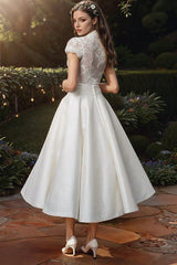 Ivory Ball Gown Wedding Dress Tea Length Lace V Neck Bridal Dress Elegant Formal Dress