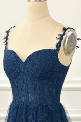 Navy Tulle A Line Corset Prom Dress With Appliques Floor Length Beautiful