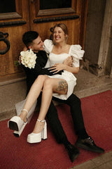 Bodycon Square Neck Satin Short Wedding Dresses with Lantern Sleeves White