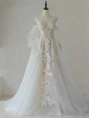 A-Line Lace Tulle Long Prom Dress Bride Gown Wedding Dress Beautiful