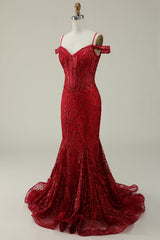 Burgundy Mermaid Cold Shoulder Long Prom Dress V-neck Sexy