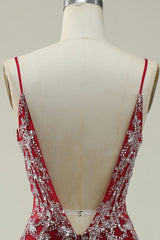 Mermaid Spaghetti Straps Burgundy Long Prom Dress with Bronzing Open Back Sparkly