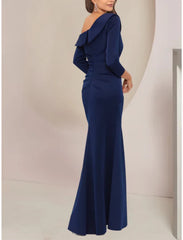 A-Line Mother of the Bride Dress Wedding Guest Elegant Party Off Shoulder Floor Length Stretch Fabric Long Sleeve with Ruffles Ruching