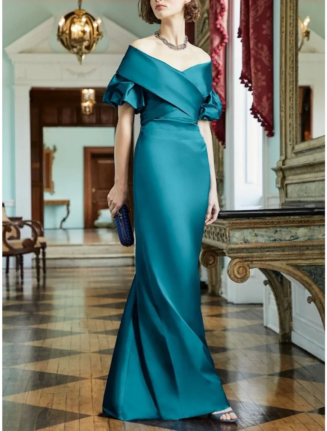 Sheath / Column Mother of the Bride Dress Wedding Guest Elegant Party Off Shoulder Floor Length Satin Short Sleeve with Ruching Solid Color