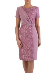 Sheath / Column Mother of the Bride Dress Wedding Guest Party Elegant Scoop Neck Knee Length Chiffon Lace Short Sleeve
