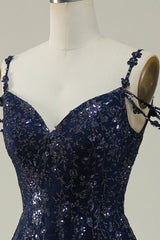 Navy A Line Cold Shoulder Long Prom Dress V-neck Sexy Sparkly