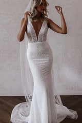 Sparkly Mermaid V Neck Sequins Lace Long Wedding Dresses Open Back Sexy