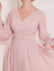 A-Line Mother of the Bride Dress Kentucky Derby Dresses Formal Wedding Guest Elegant Scoop Neck V Neck Tea Length Chiffon Long Sleeve with Crystals Ruching