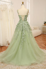 Green A Line Spaghetti Straps Tulle Long Prom Dress With Appliques Beautiful