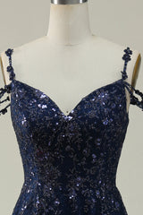 Navy A Line Cold Shoulder Long Prom Dress V-neck Sexy Sparkly