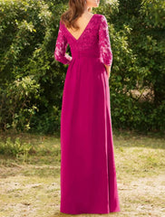 A-Line Mother of the Bride Dress Formal Wedding Guest Elegant Vintage V Neck Floor Length Lace Stretch Chiffon 3/4 Length Sleeve with Lace Fuchsia