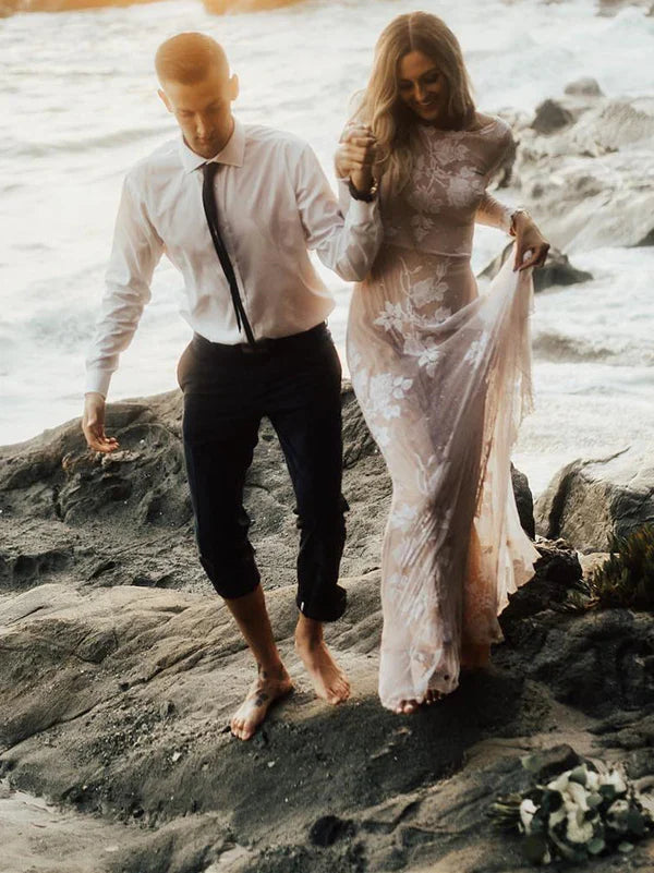 Charming Bateau Lace Wedding Gowns Long Sleeves A-line Wedding Dresses Elegant