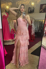 Aimishang Pink Spaghetti Straps Tiered Long Prom Dress with Slit Charming Evening Dress Wholesale