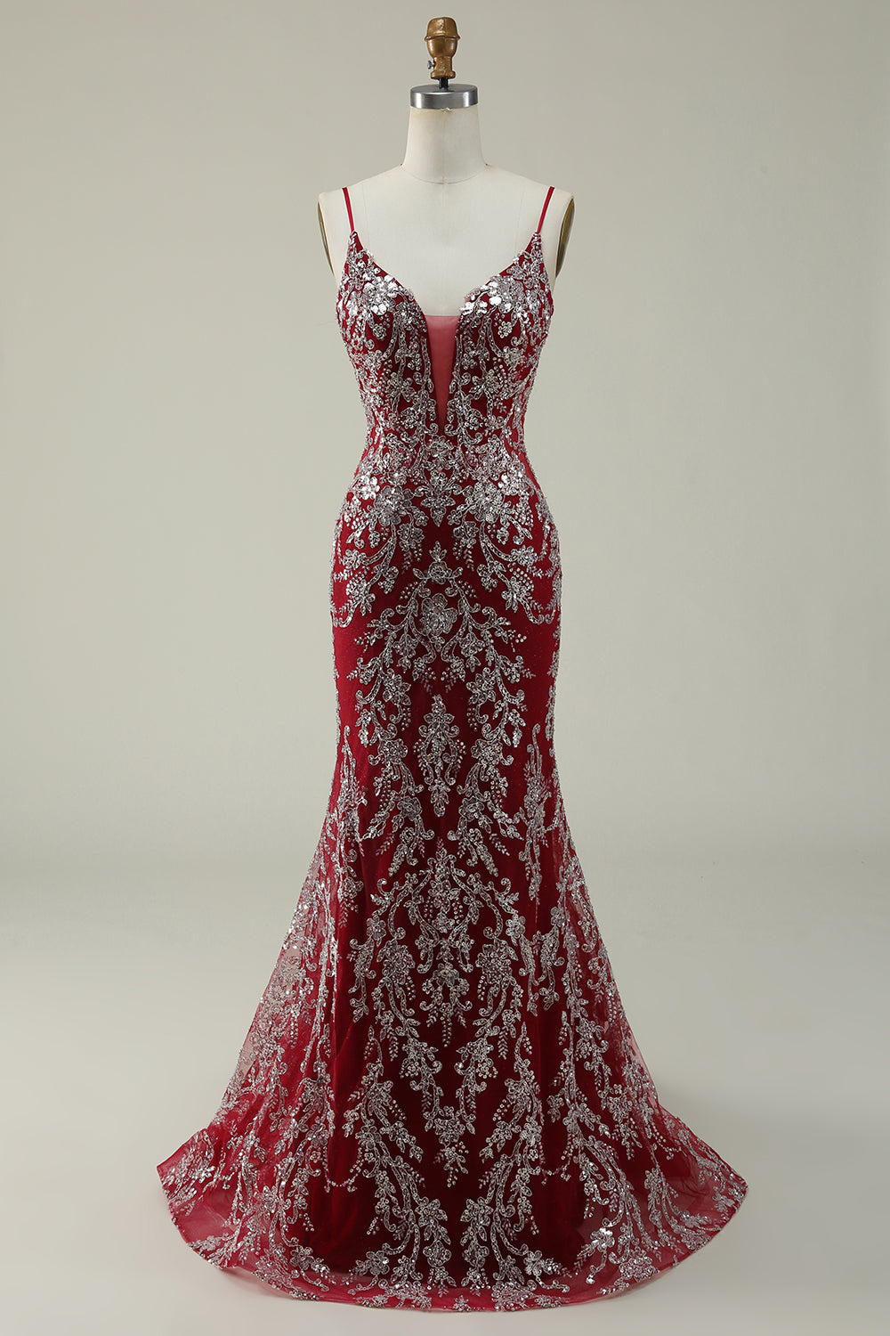 Mermaid Spaghetti Straps Burgundy Long Prom Dress with Bronzing Open Back Sparkly