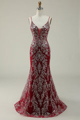 Mermaid Spaghetti Straps Burgundy Long Prom Dress with Bronzing Open Back Sparkly