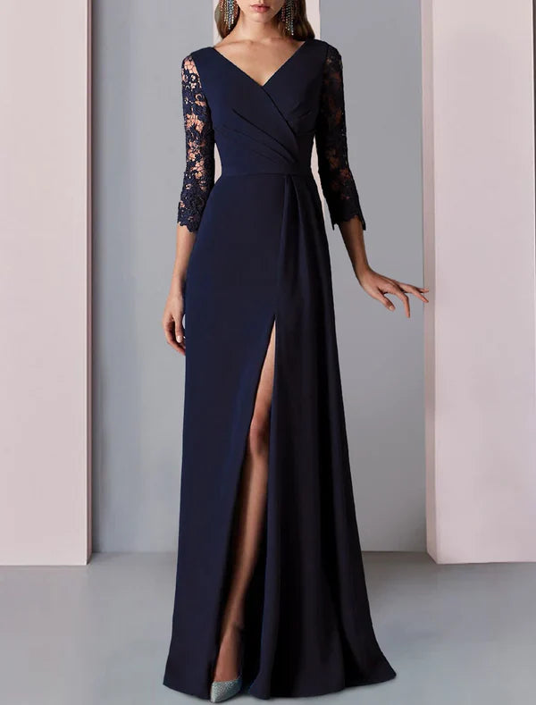 A-Line Mother of the Bride Dress Formal Wedding Guest Party Elegant V Neck Floor Length Lace Stretch Chiffon 3/4 Length Sleeve with Appliques And Split