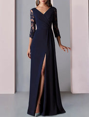A-Line Mother of the Bride Dress Formal Wedding Guest Party Elegant V Neck Floor Length Lace Stretch Chiffon 3/4 Length Sleeve with Appliques And Split