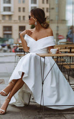 A-Line Satin Tea Length White Off the Shoulder Wedding Dress Sexy Elegant
