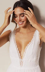 Bohemian Lace Tulle Plunging Neckline A Line Floor-length Deep-V Back Wedding Dress Sexy
