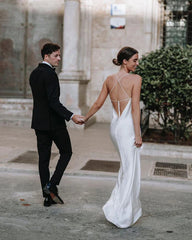 Charming Sheath Silk Satin Wedding Dresses with Slit Simple White Sexy Party Dress Formal Dress