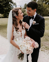 Charming A Line V Neck Tulle Wedding Dresses with Appliques Beautiful
