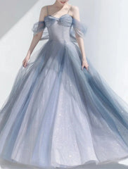 Ball Gown Party Dresses Glittering Dress Wedding Guest Prom Floor Length Sleeveless Off Shoulder Tulle with Glitter Beautiful
