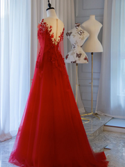 Pretty Tulle Long Prom Dress With Applique,Red Party Dress Formal Evening Dress SH842