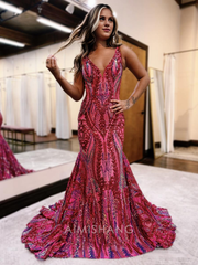 Aimishang Mermaid V Neck Blue Sequin Long Prom Dresses Formal Women's Dresses Charming Evening Party Dress