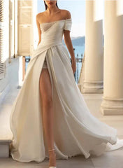 Off The Shoulder Satin A-Line/Princess Wedding Dresses With Sequins Split Front Floor Length