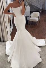 Simple Mermaid Strapless Satin Wedding Dress Bridal Gowns Off Shoulder White