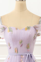A Line Tulle Off Shoulder Lavender Prom Dress With Embroidered Flowers