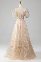 A-Line Prom Dress Square Neck Floor Length With Short Sleeves Elegant Evening Party Dress Formal Dress