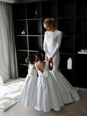 Grace Satin Long Sleeves Chapel Train Backless Mermaid Wedding Dress Simple Elegant