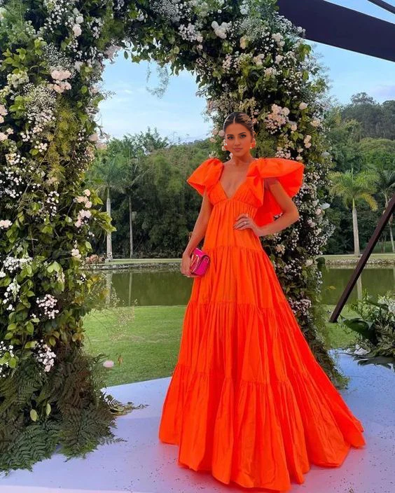 Aimishang Elegant Orange A Line V Neck Prom Dress Evening Party Dress Formal Wear Dress