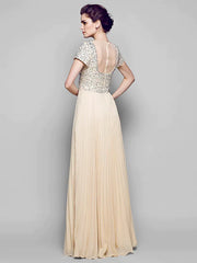 A-Line Mother of the Bride Dress Sparkle & Shine Bateau Neck Floor Length Chiffon Tulle Sequined Short Sleeve with Sequin