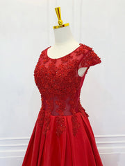 A-Line Scoop Neckline Satin Lace Burgundy Long Prom Dress Formal Dress Short Sleeves december wedding guest dress
