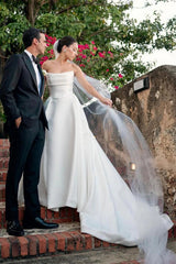 White Strapless Satin A-Line Wedding Dresses Off Shoulder With Slit