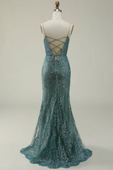 Mermaid Spaghetti Straps Green Long Prom Dress with Split Front Sexy