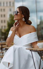 A-Line Satin Tea Length White Off the Shoulder Wedding Dress Sexy Elegant