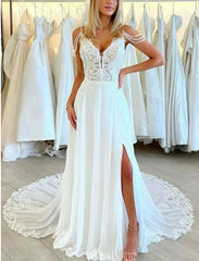 Boho Lace Open Back Wedding Dresses With Slit Floor Length Sexy with Appliques