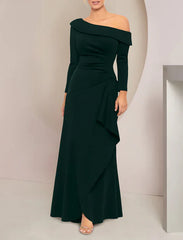 A-Line Mother of the Bride Dress Wedding Guest Elegant Party Off Shoulder Floor Length Stretch Fabric Long Sleeve with Ruffles Ruching