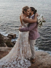 Long Sheath Wedding dresses Lace V-neck Bridal Gowns Floor Length Sexy Elegant